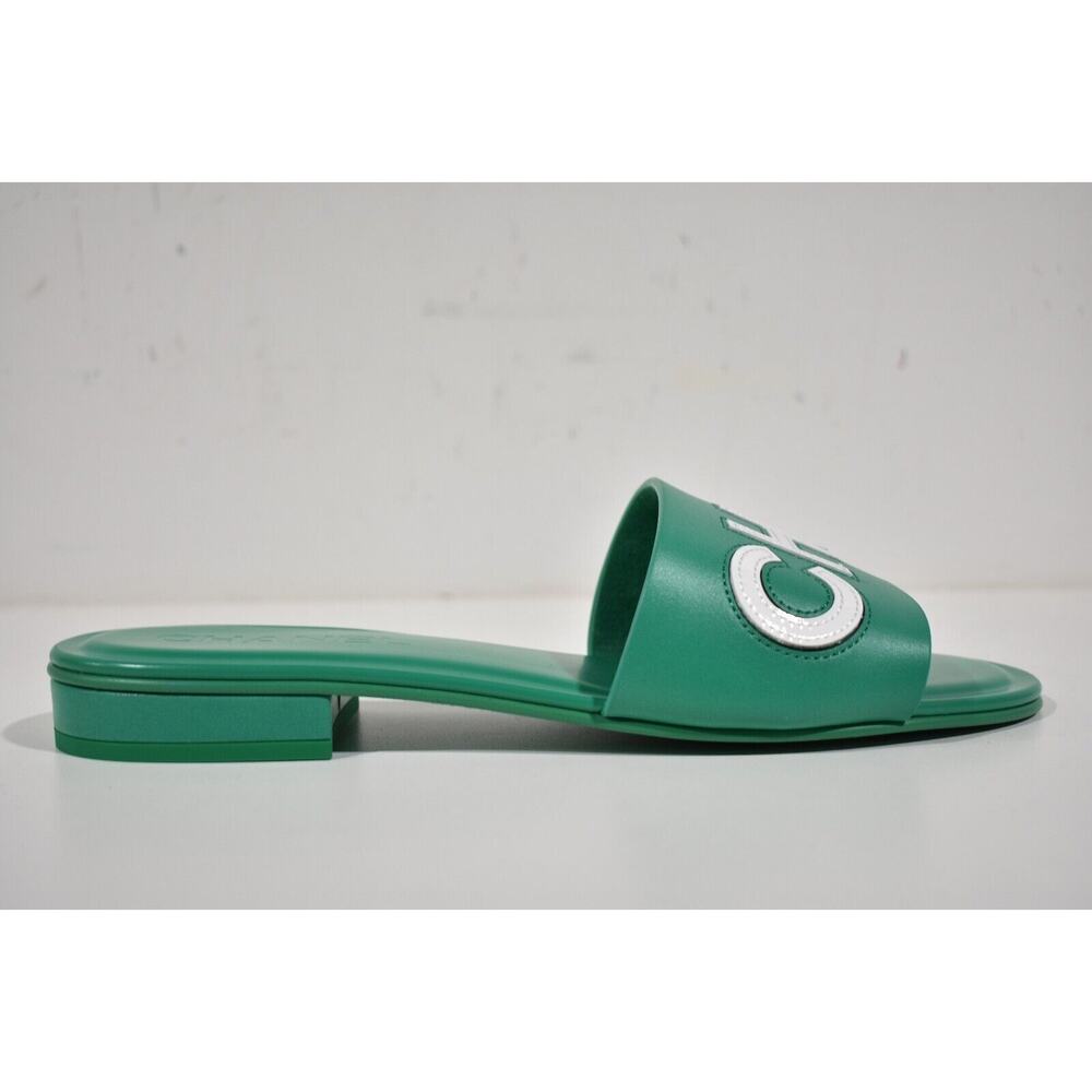Chanel 23P Green White Leather CC Logo Letter Mules Slide Slip Sandal Flat 38.5 - Picture 2 of 12